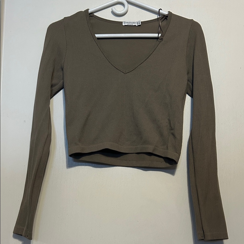 Forever 21 Khaki V-Neck Long Sleeve Blouse